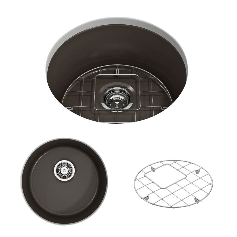 BOCCHI Sotto Round Dual-mount Fireclay 18.5 in. Single Bowl Bar Sink with Protective Bottom Grid and Strainer in Matte Brown