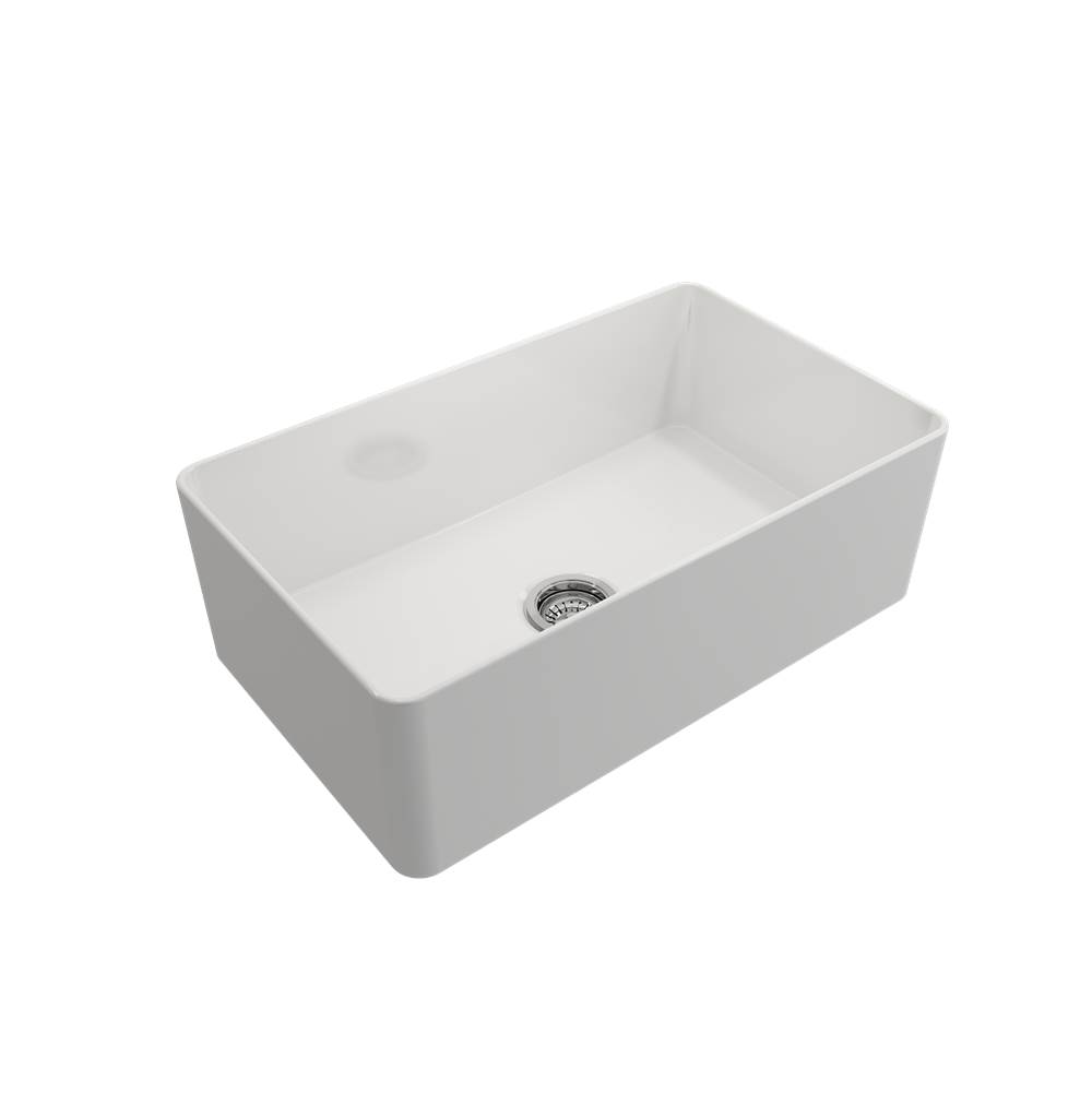 BOCCHI Aderci Ultra-Slim Farmhouse Apron Front Fireclay 30 in. Single Bowl Kitchen Sink with Protective Bottom Grid and Strainer in White