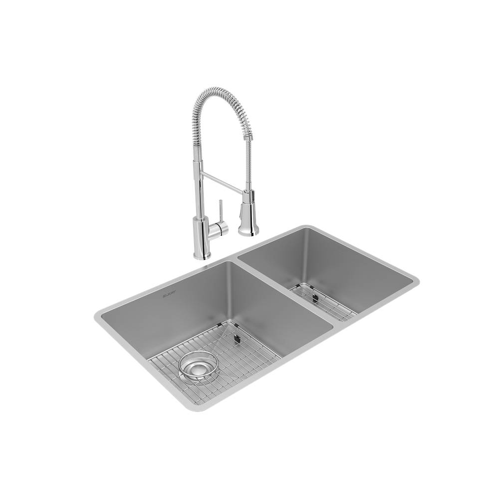 Elkay Crosstown 18 Gauge Stainless Steel 31-1/2'' x 18-1/2'' x 9'', 60/40 Double Bowl Undermount Sink and Faucet Kit with Bottom Grid and Drain