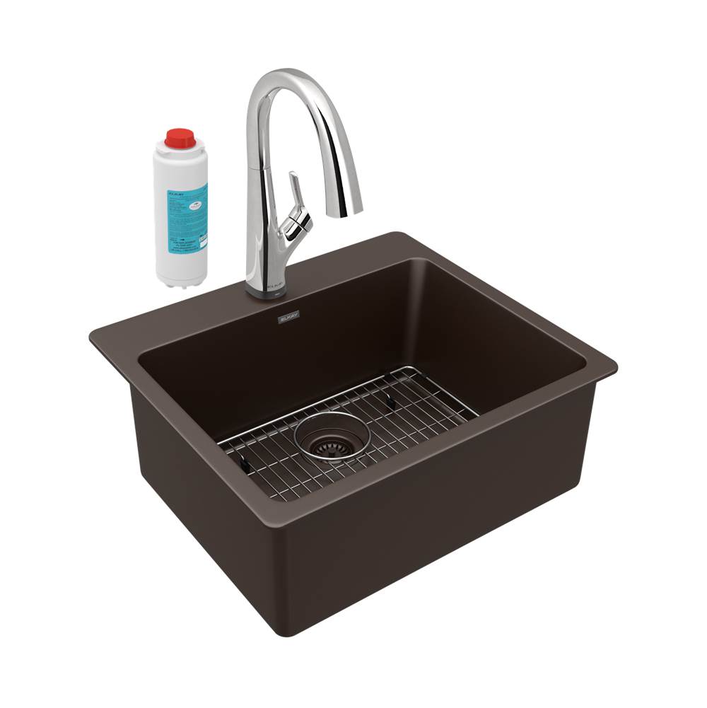 Elkay Quartz Classic 25'' x 22'' x 9-1/2'', Single Bowl Drop-in Sink Kit with Filtered Faucet, Mocha