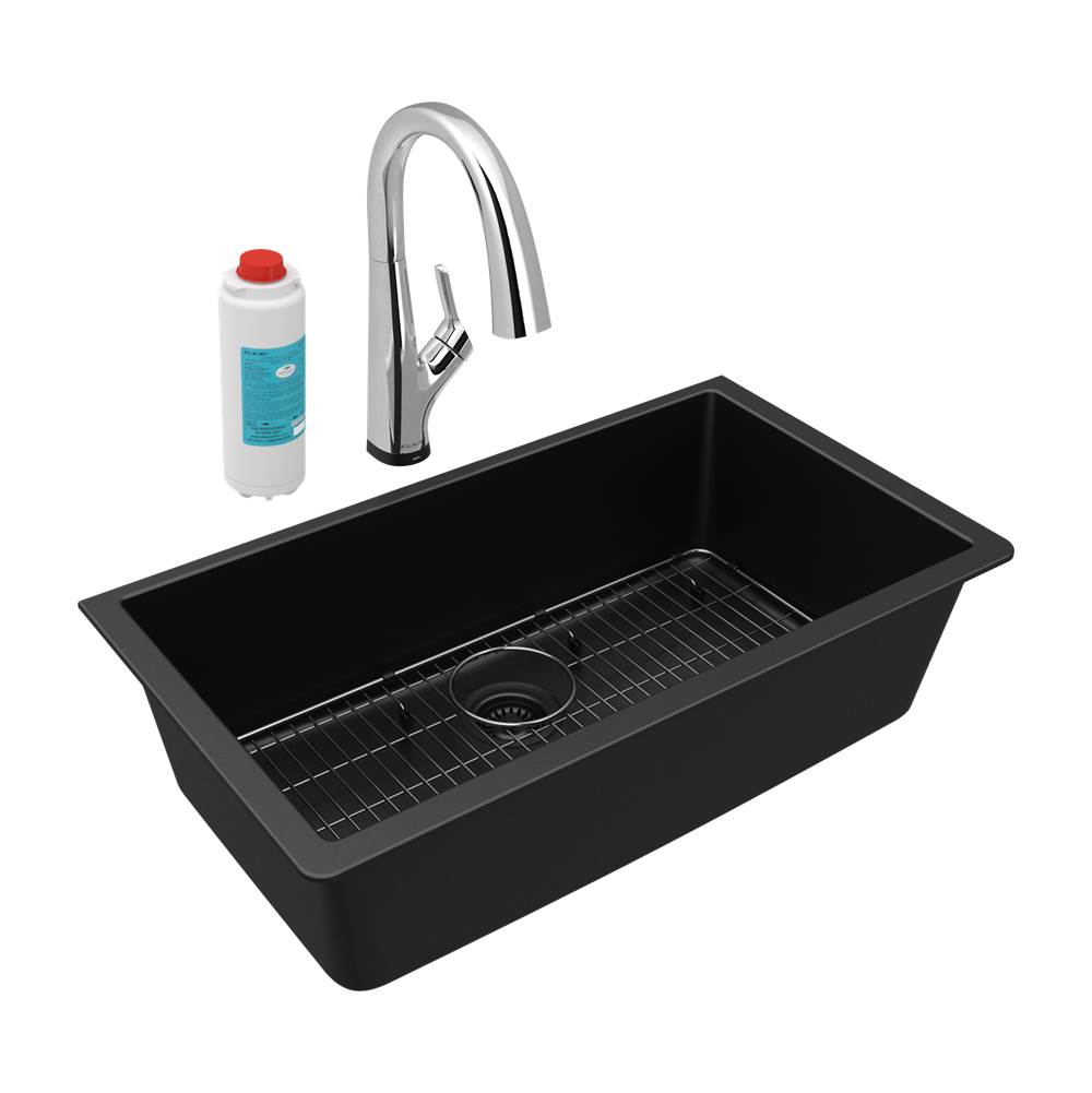 Elkay Quartz Classic 33'' x 18-7/16'' x 9-7/16'', Single Bowl Undermount Sink Kit with Filtered Faucet, Black