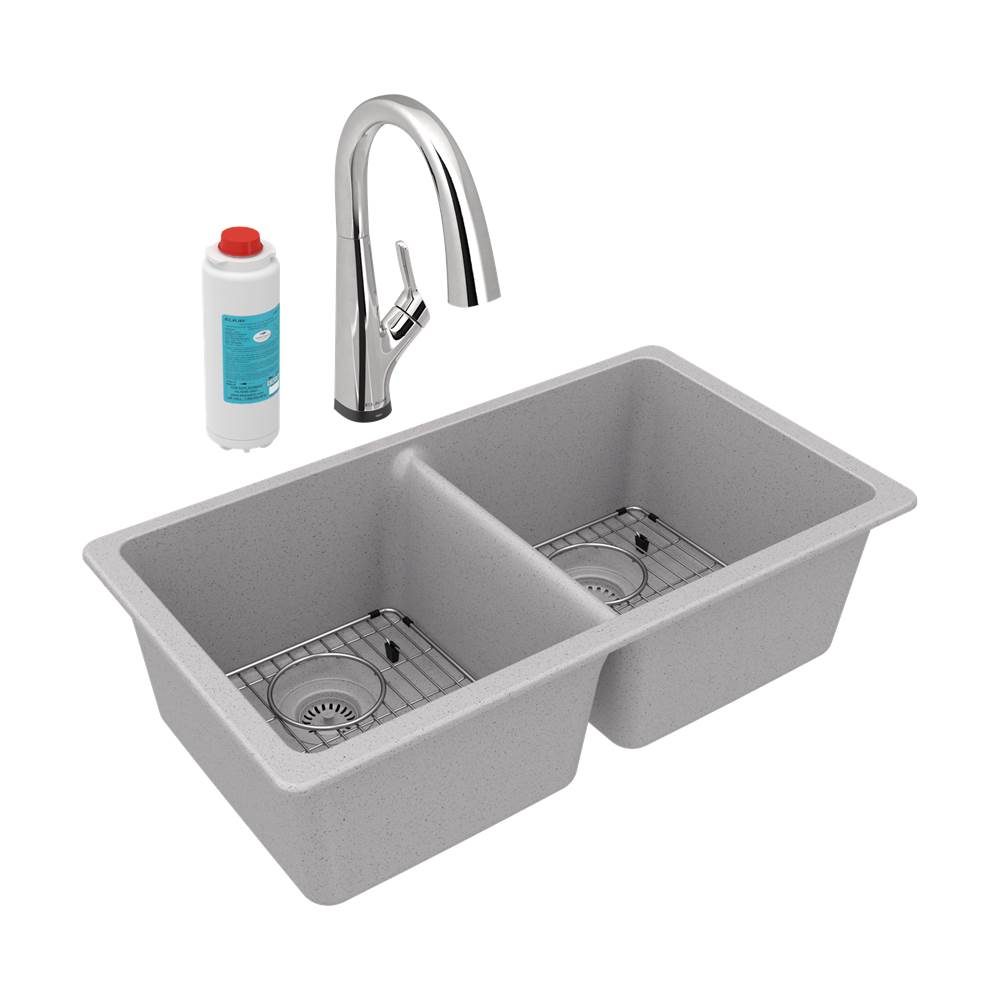 Elkay Quartz Classic 33'' x 18-1/2'' x 9-1/2'', Equal Double Bowl Undermount Sink Kit with Filtered Faucet, Greystone