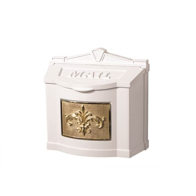 Gaines Manufacturing Wallmount Mailbox Fleur De Lis Design White w/ Polished Brass Fleur De Lis