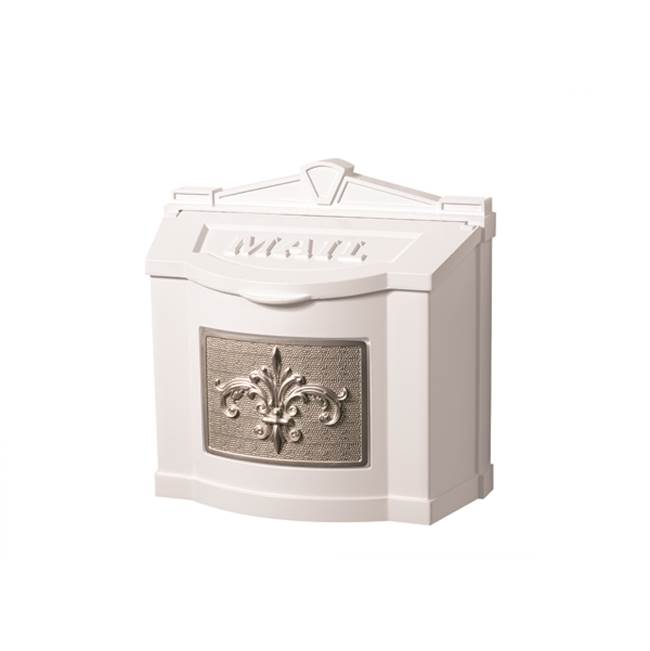 Gaines Manufacturing Wallmount Mailbox Fleur De Lis Design White w/ Satin Nickel Fleur De Lis