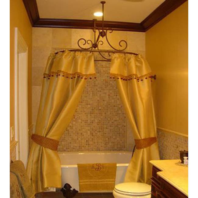 Herbeau ''Art Nouveau'' Shower Curtain Bar with 2 ceiling mount supports and 1 wall mount support in Polished Brass