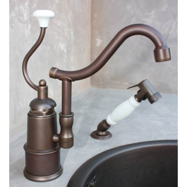 Herbeau ''De Dion'' Single Lever Mixer with Ceramic Disc Cartridge and Handspray in White Handles, Antique Lacquered Copper