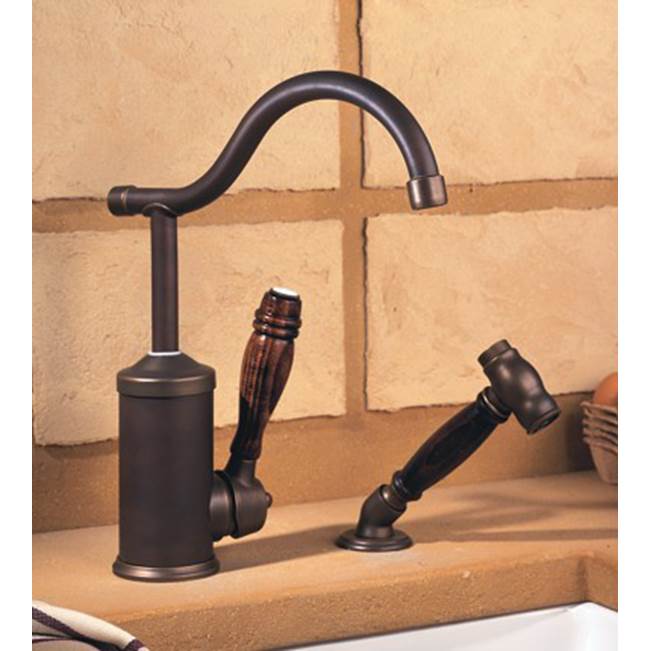 Herbeau ''Flamande'' Single Lever Mixer with Ceramic Cartridge and Handspray in Wooden Handle, Polished Copper and Brass
