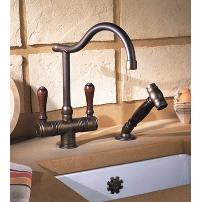 Herbeau ''Valence'' Single-Hole Mixer with Handspray in Wooden Handles, Antique Lacquered Copper