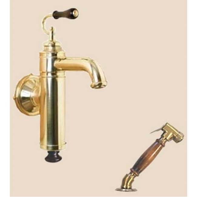 Herbeau ''Estelle'' Wall Mounted Single Lever Mixer with Ceramic Disc Cartridge and Deck Mounted Handspray in Wooden Handles, French Weathered Copper/Brass