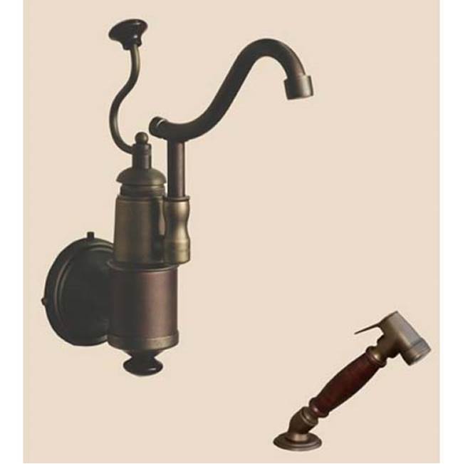 Herbeau ''De Dion'' Wall Mounted Single Lever Mixer with Ceramic Disc Cartridge and Deck Mounted Handspray in Wooden Handles, French Weathered Brass