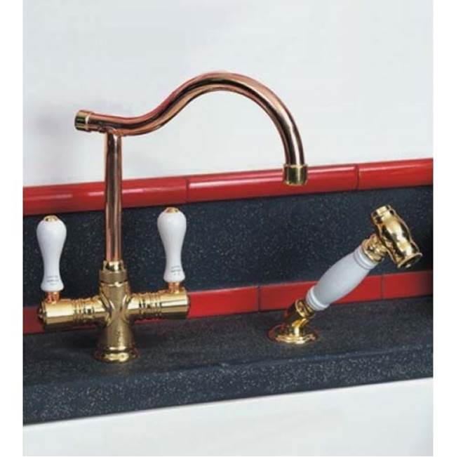 Herbeau ''Ostende'' Single-Hole Mixer with Handspray in Wooden Handles, Antique Lacquered Copper