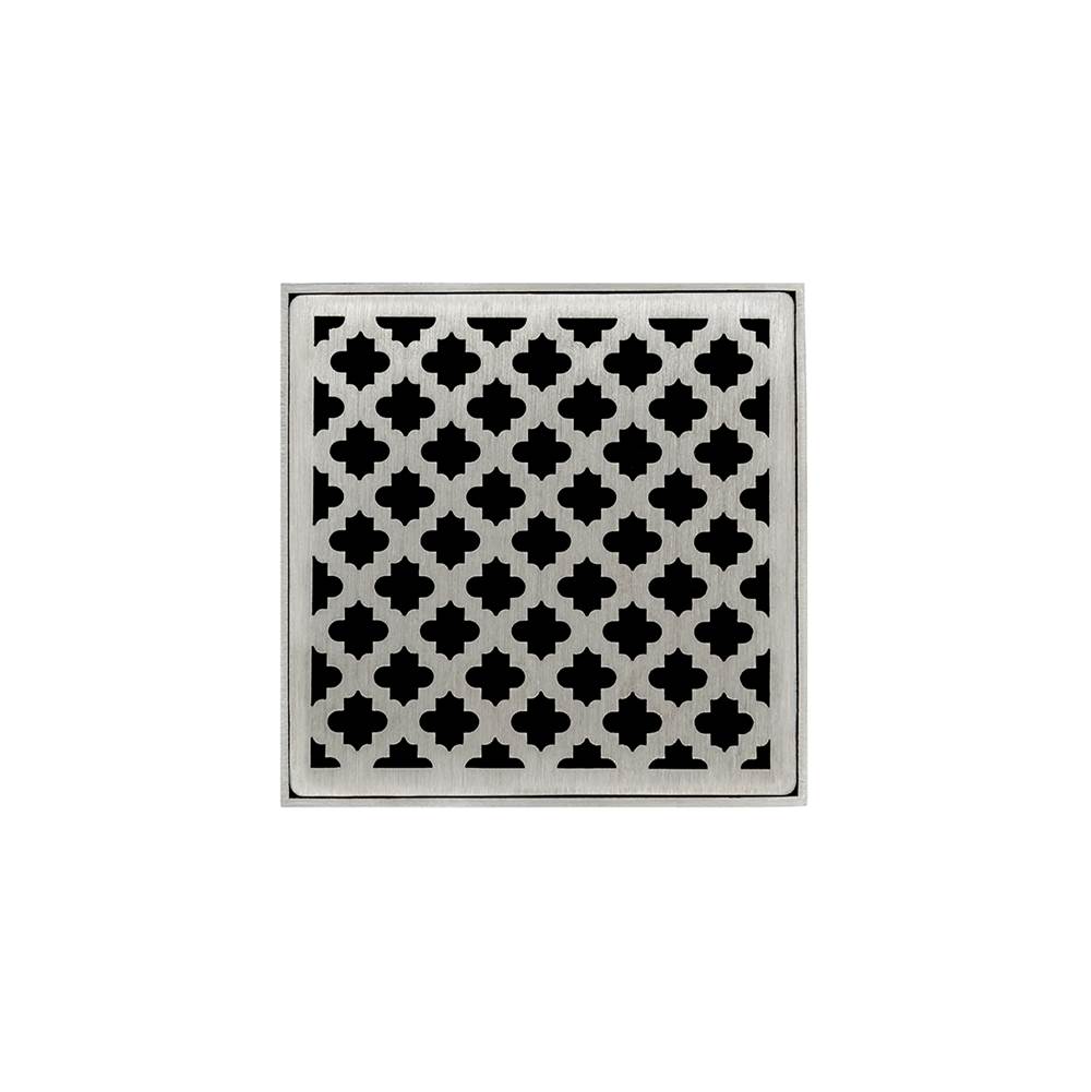 Infinity Drain 5'' x 5'' MD 5 Complete Kit with Moor Pattern Decorative Plate in Satin Stainless with Cast Iron Drain Body, 2'' Outlet
