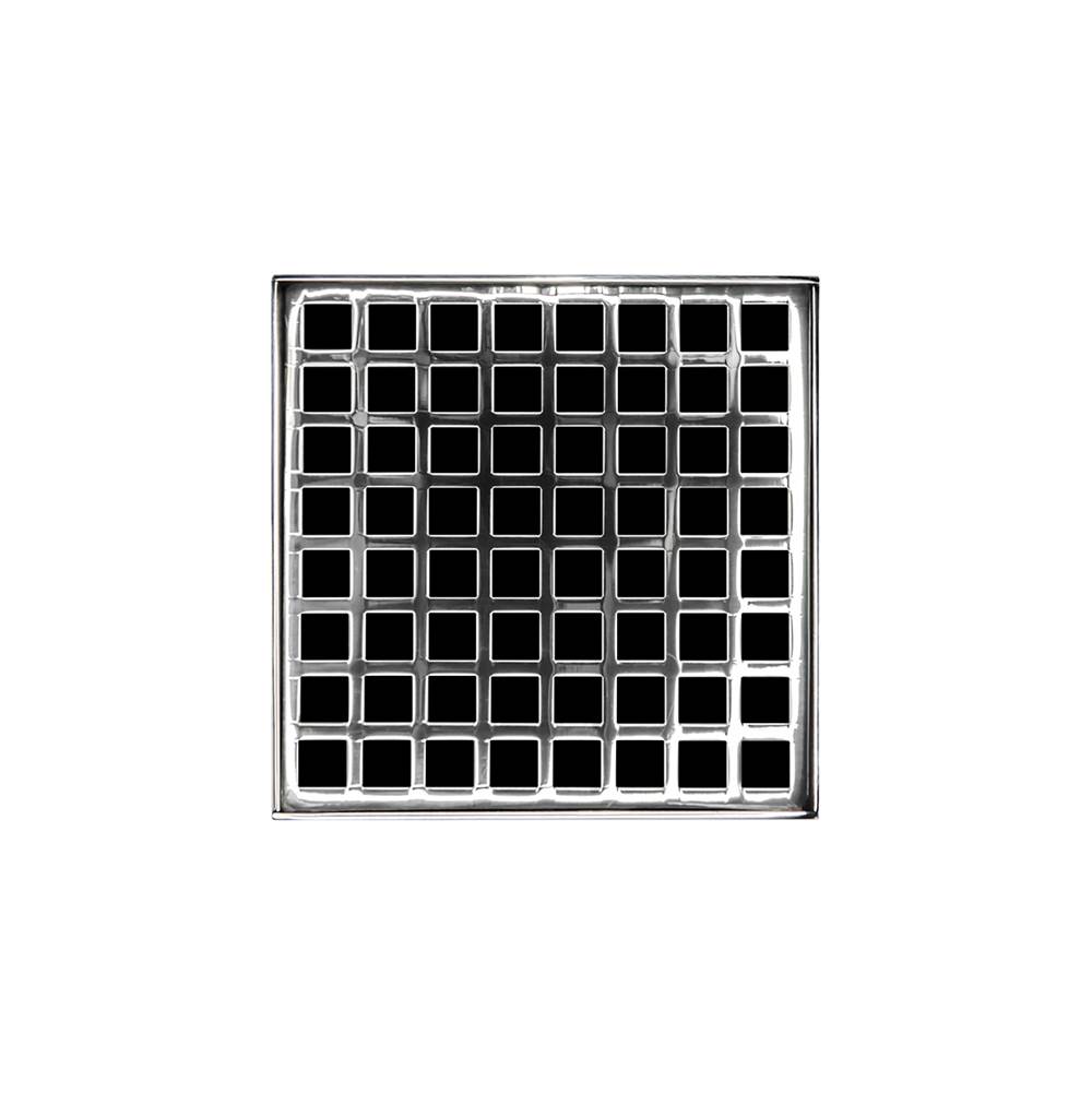 Infinity Drain 5'' x 5'' QDB 5 Complete Kit with Squares Pattern Decorative Plate in Polished Stainless with PVC Bonded Flange Drain Body, 2'', 3'' and 4'' Outlet