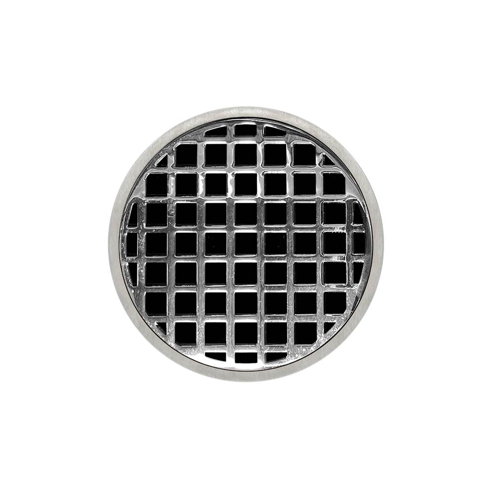 Infinity Drain 5'' Round RQD 5 Complete Kit with Squares Pattern Decorative Plate in Polished Stainless with Cast Iron Drain Body for Hot Mop, 2'' Outlet