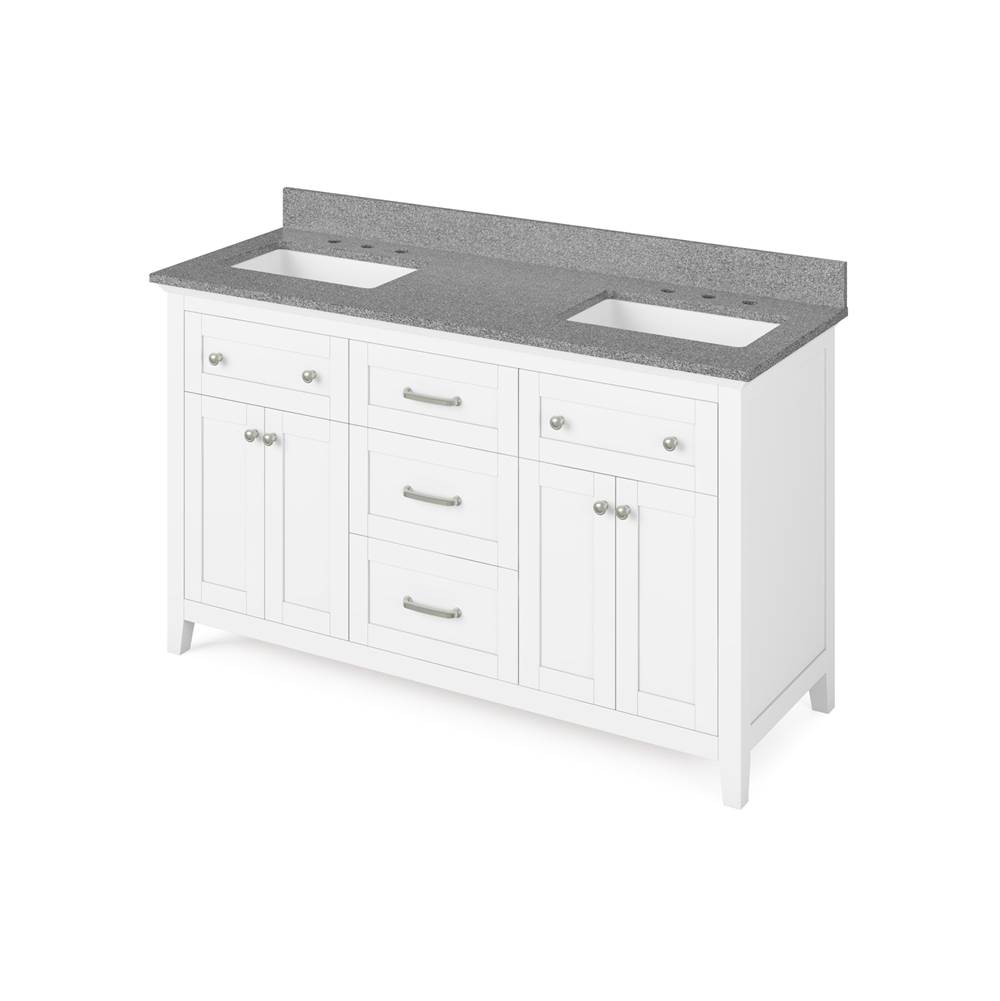 Jeffrey Alexander 60'' White Chatham Vanity, double bowl, Steel Grey Cultured Marble Vanity Top, two undermount rectangle bowls