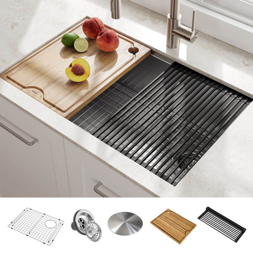 Kraus Kore Workstation 27-inch Undermount 16 Gauge Single Bowl Stainless Steel Kitchen Sink with Accessories (Pack of 5)