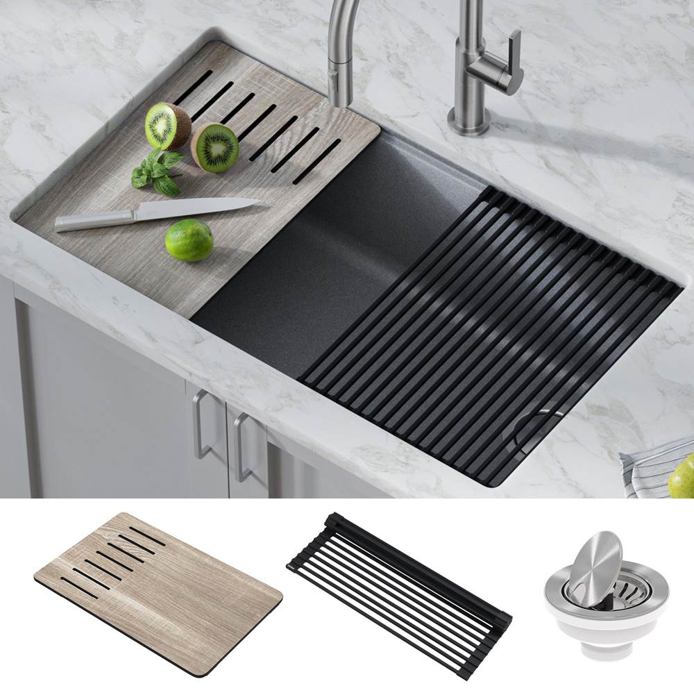 Kraus Bellucci Workstation 33 in. Undermount Granite Composite Single Bowl Kitchen Sink in Metallic Gray with Accessories