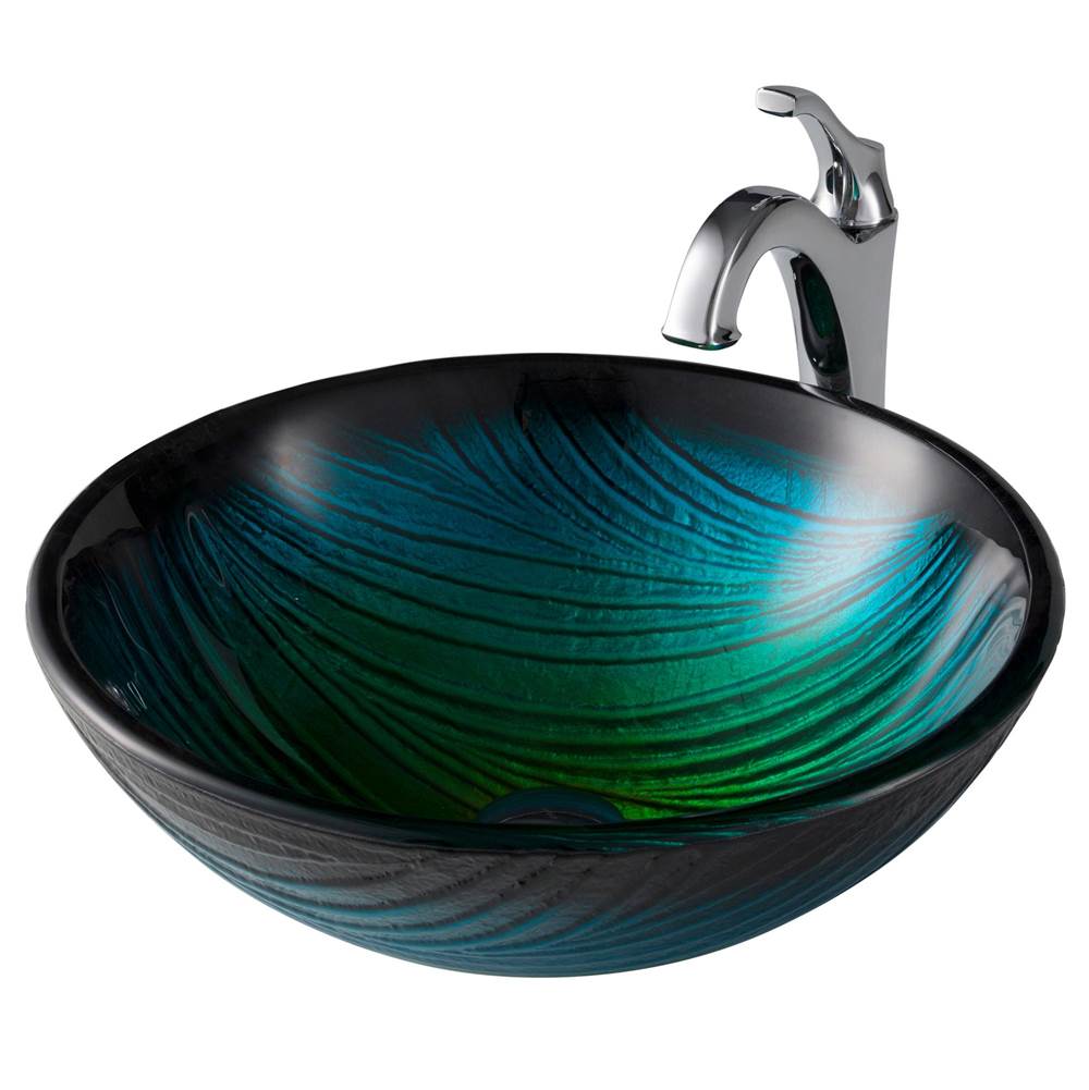 Kraus 17-inch Green Glass Nature Series Bathroom Vessel Sink and Arlo Faucet Combo Set with Pop-Up Drain, Chrome Finish