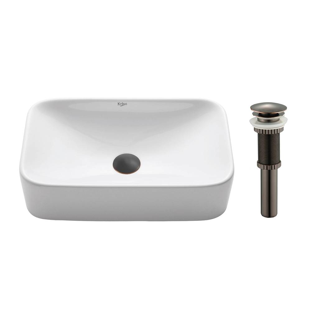 Kraus KRAUS Soft Rectangular Ceramic Vessel Bathroom Sink in White with Pop-Up Drain in Oil Rubbed Bronze