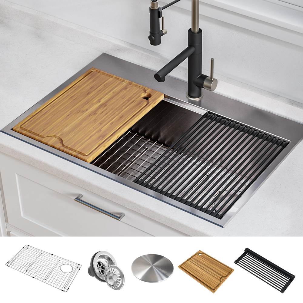 Kraus Kore Workstation 30-inch Drop-In 16 Gauge Single Bowl Stainless Steel Kitchen Sink with Accessories (Pack of 5)
