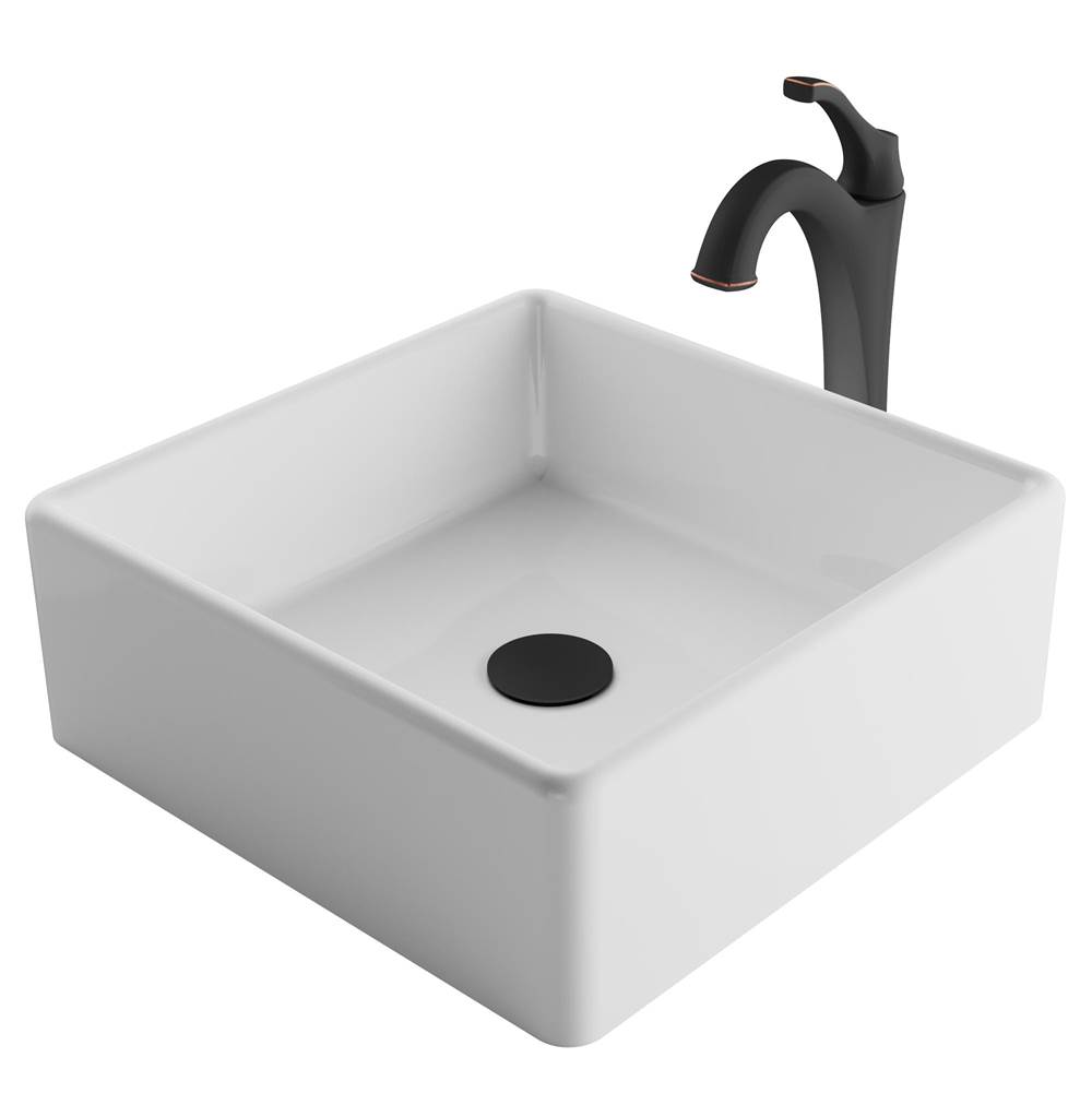 Kraus Elavo 15-inch Square White Porcelain Ceramic Bathroom Vessel Sink and Arlo Faucet Combo Set with Pop-Up Drain, Oil Rubbed Bronze Finish
