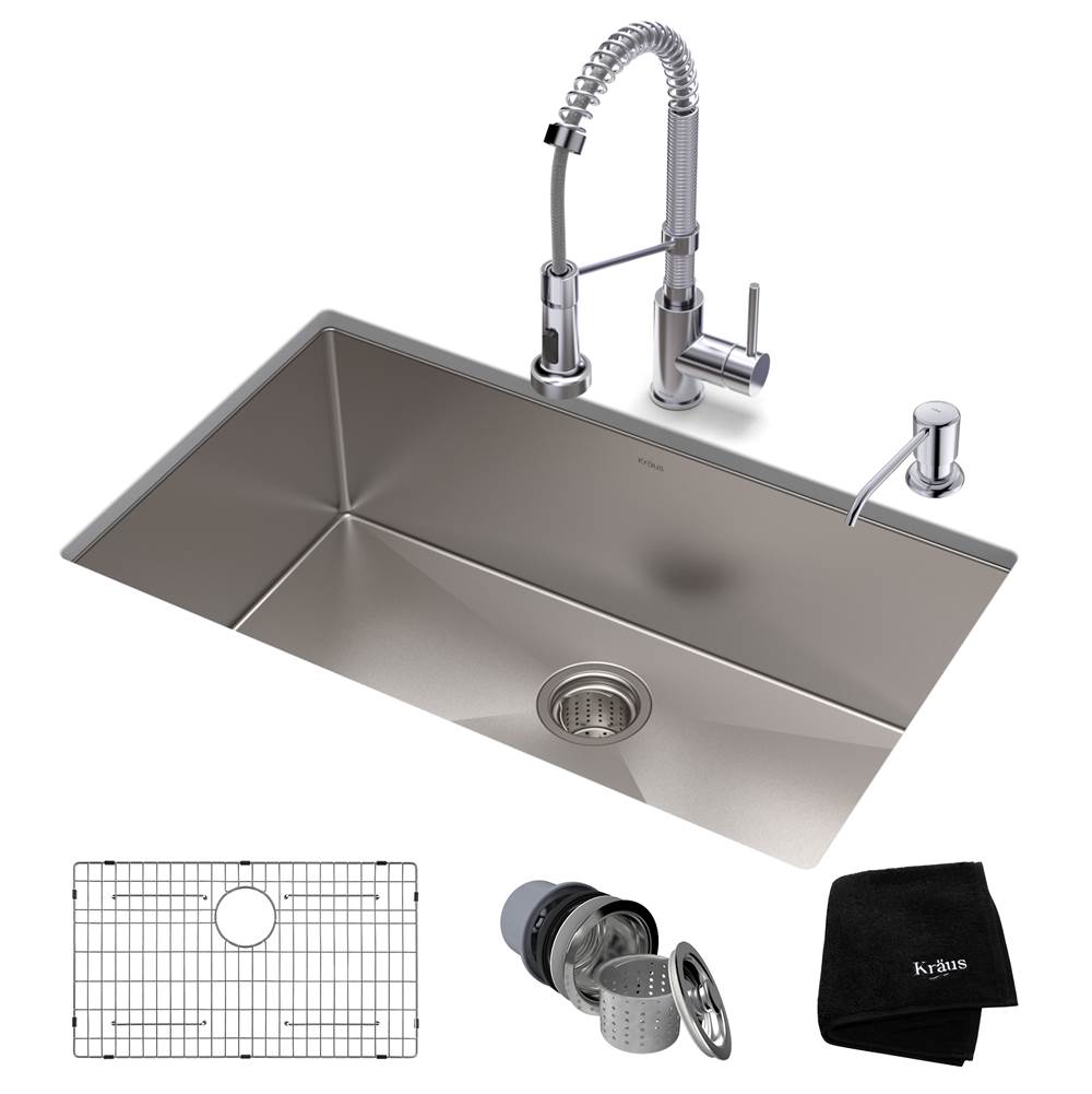 Kraus 32-inch 16 Gauge Standart PRO Kitchen Sink Combo Set with Bolden 18-inch Kitchen Faucet and Soap Dispenser, Chrome Finish