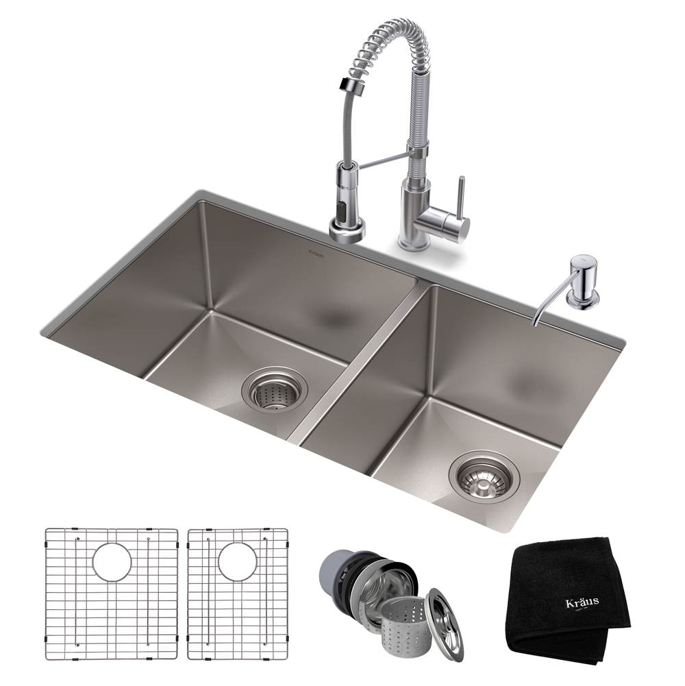 Kraus 33-inch 16 Gauge Double Bowl 60/40 Standart PRO Kitchen Sink Combo Set with Bolden 18-inch Kitchen Faucet and Soap Dispenser, Chrome Finish