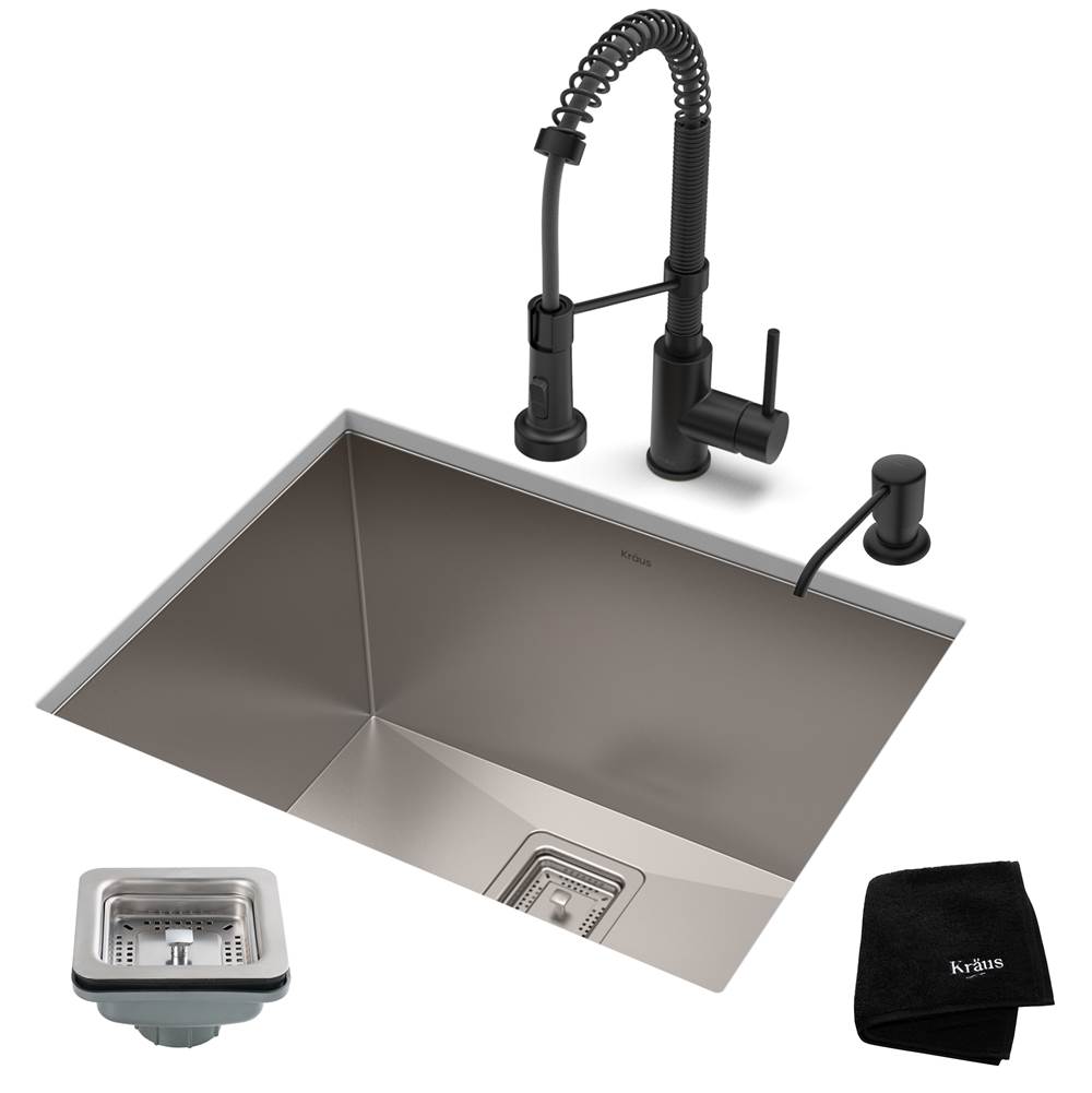 Kraus 24-inch 18 Gauge Pax Laundry and Utility Sink Combo Set with Matte Black Bolden 18-inch Kitchen Faucet and Soap Dispenser