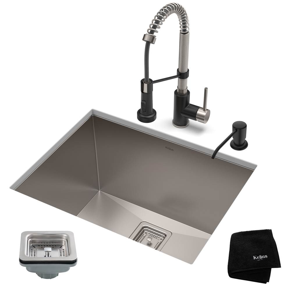 Kraus 24-inch 18 Gauge Pax Laundry and Utility Sink Combo Set with Bolden 18-inch Kitchen Faucet and Soap Dispenser, Stainless Steel Matte Black Finish