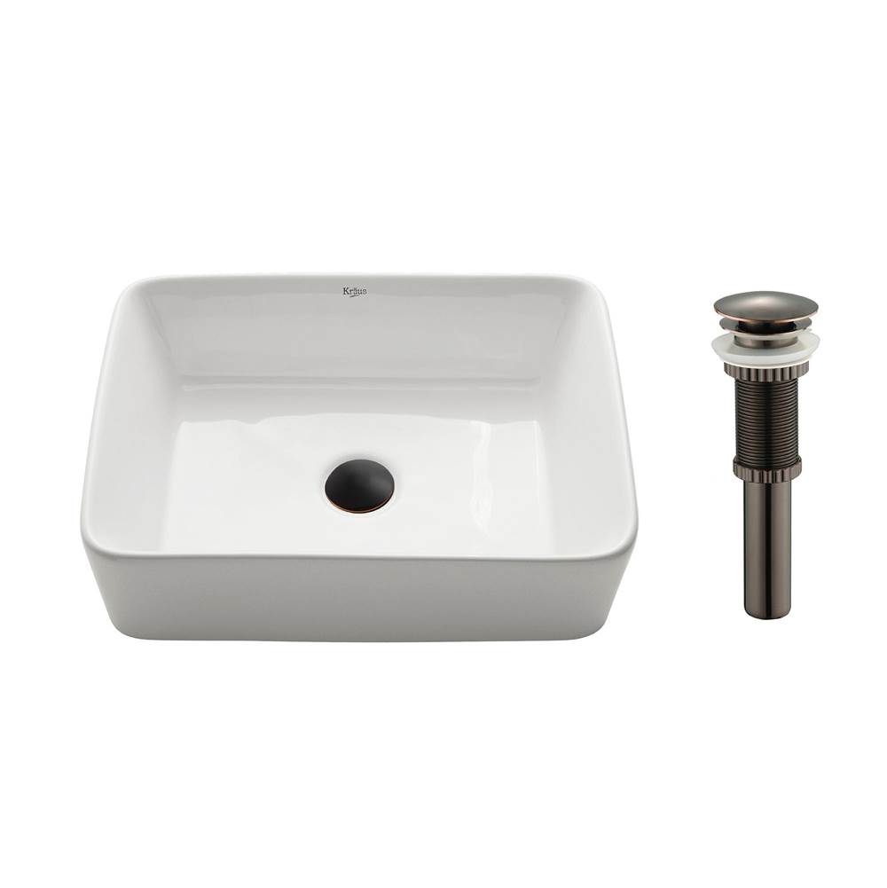 Kraus Rectangular Ceramic Vessel Bathroom Sink in White with Pop-Up Drain in Oil Rubbed Bronze