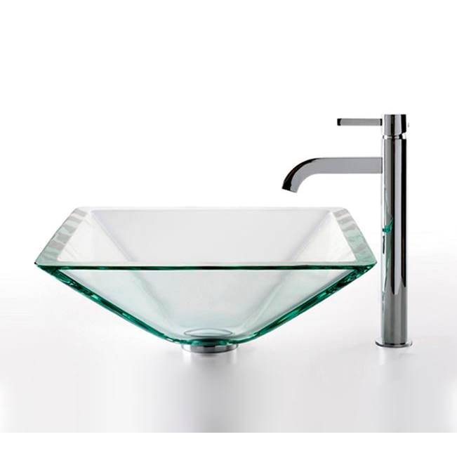 Kraus Square Glass Vessel Sink in Clear with Ramus Faucet in Chrome