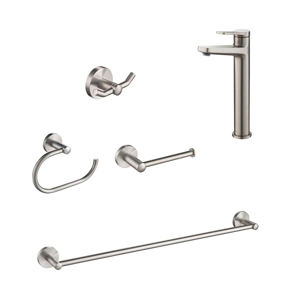 Kraus Indy Single Handle Vessel Bathroom Faucet in Spot-Free Stainless Steel with matching 24-inch Towel Bar, Paper Holder, Towel Ring and Robe Hook