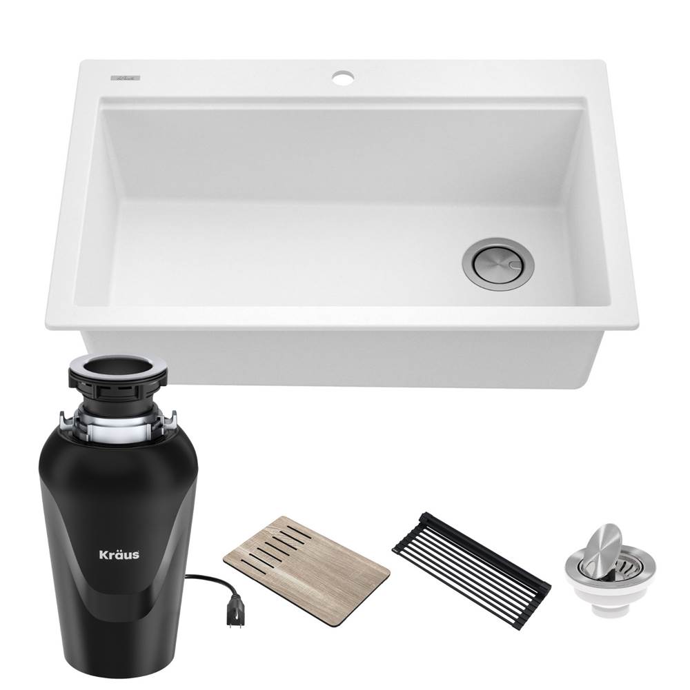 Kraus Bellucci Workstation 33 in. Drop-In Granite Composite Single Bowl Kitchen Sink in White with Accessories with Garbage Disposal