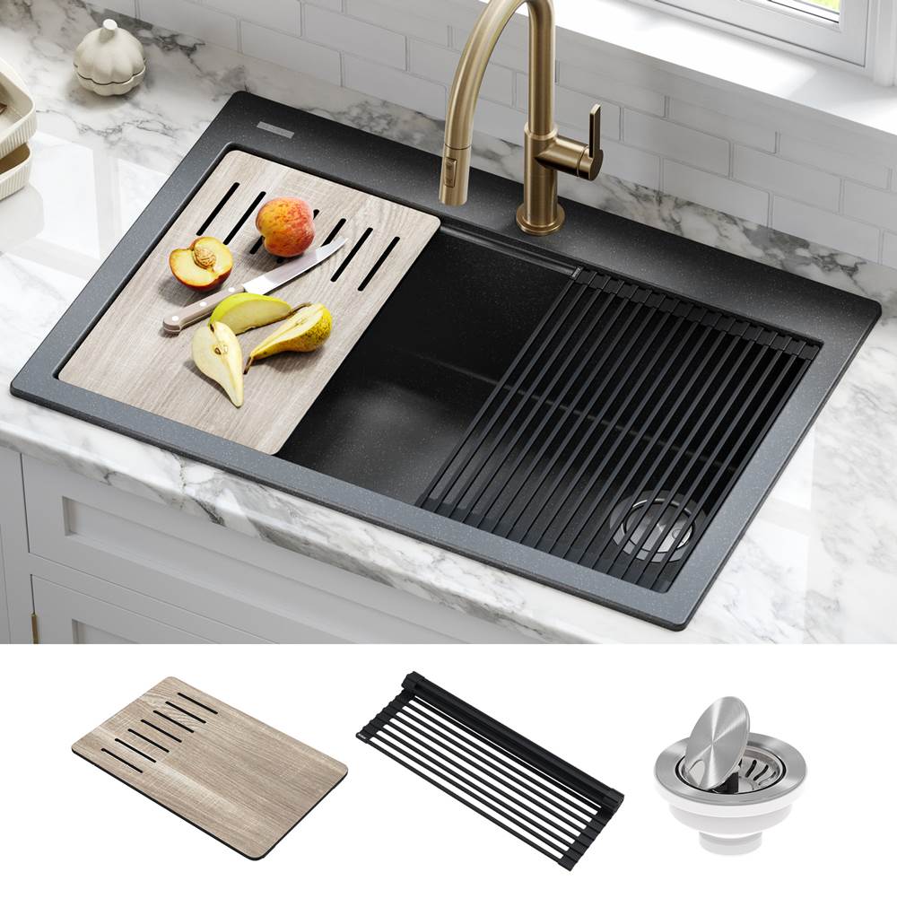 Kraus Bellucci Workstation 33 in. Drop-In Granite Composite Single Bowl Kitchen Sink in Metallic Black with Accessories
