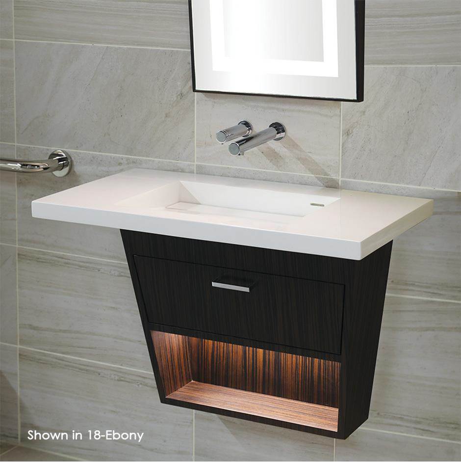 Lacava Wall mount under counter vanity with open cubby fill open door, LED lights, and polished chrome pull.
