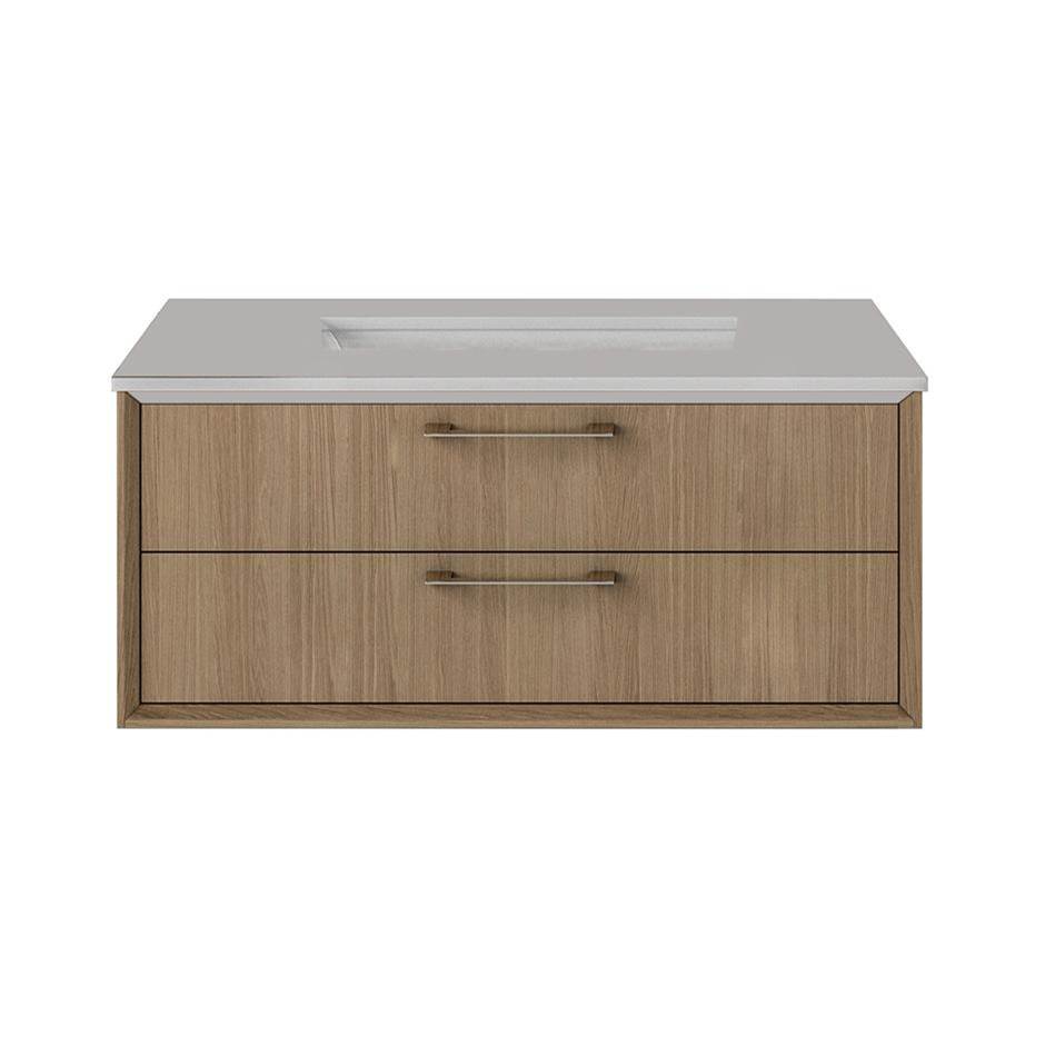Lacava Cabinet of wall-mount under-counter vanity featuring one drawer and solid surface countertop with a cut-out for undermount sink (pulls included).