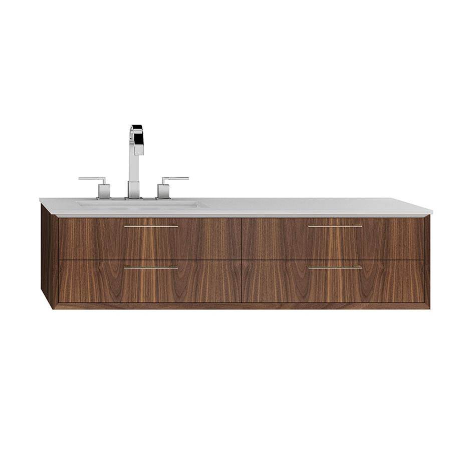 Lacava Cabinet of wall-mount under-counter vanity featuring three drawers and solid surface countertop with a cut-out for undermount sink on the left