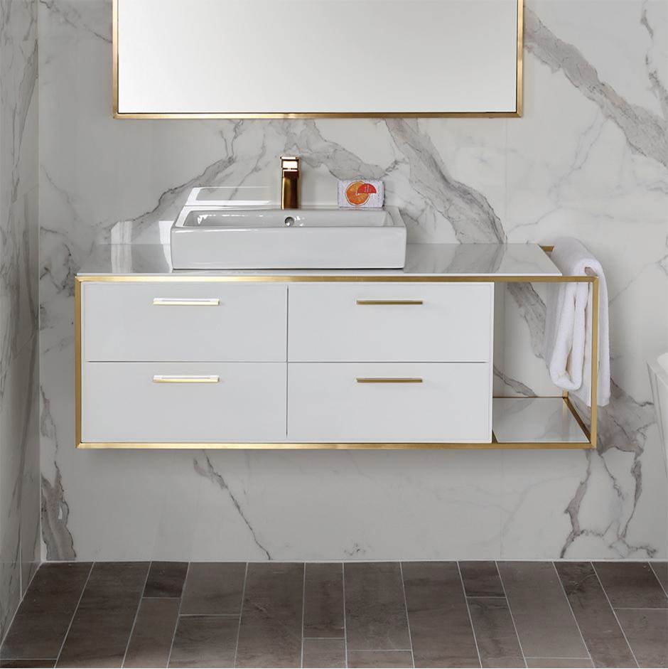 Lacava Cabinet of wall-mount under-counter vanity LIN-VS-48L  with four drawers (pulls included), metal frame,  solid surface countertop and shelf.