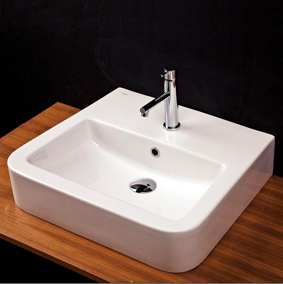 Lacava Wall-mount or above-counter porcelain Bathroom Sink with an overflow. Unfinished back. 24''W, 19''D, 7''H. Three faucet hole