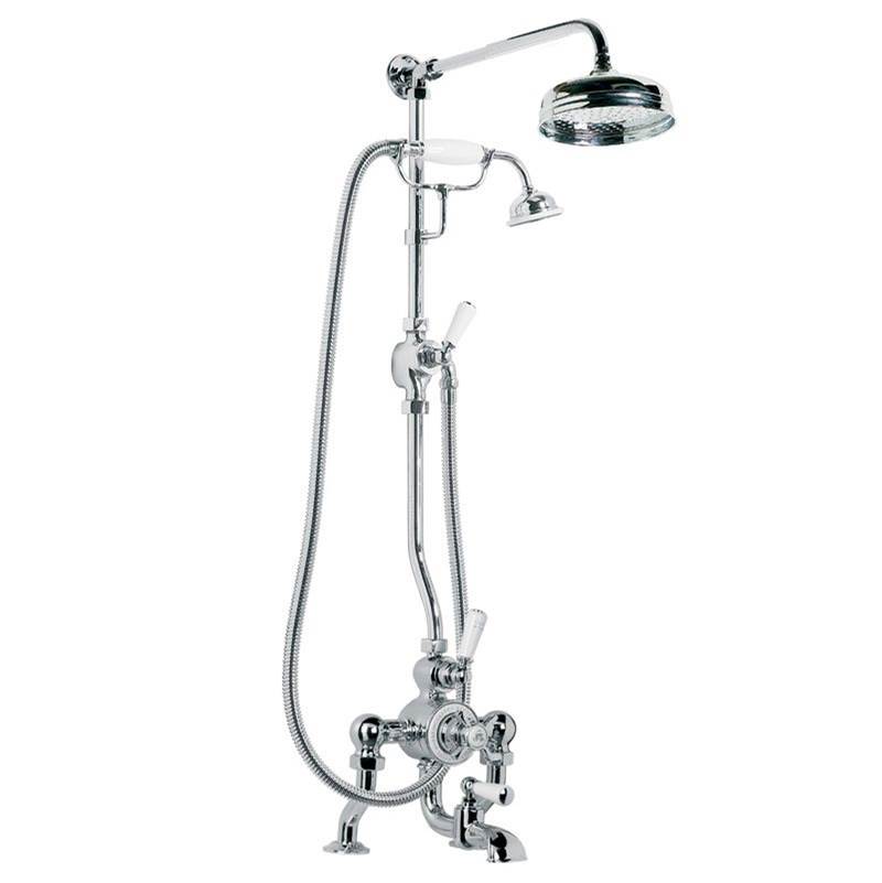 Lefroy Brooks Exposed Classic Deck Mounted Thermostatic Bath & Shower Mixer With Riser Kit, Handset, Lever Diverter & 8'' Apron Rose, Silver Nickel