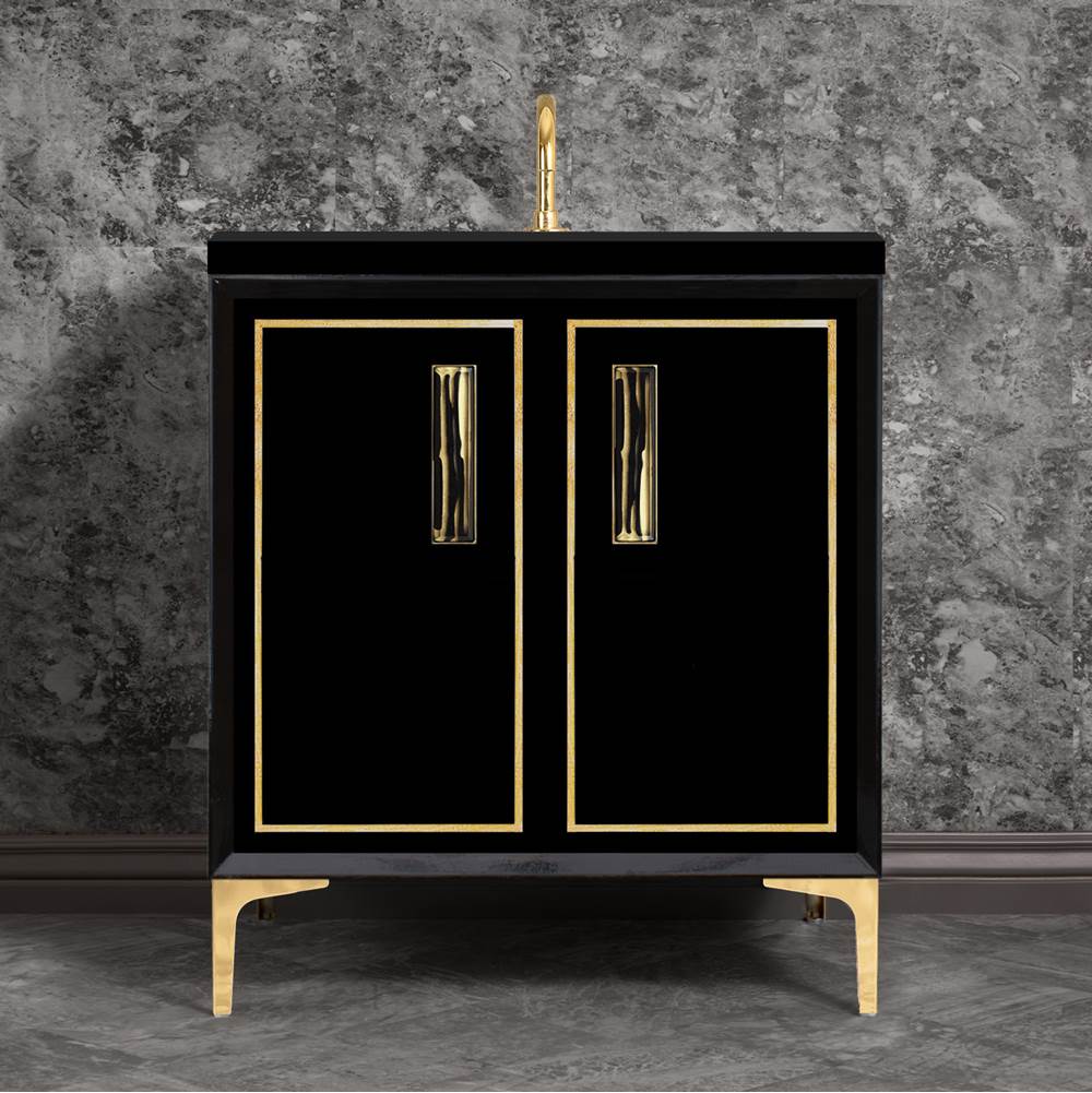 Linkasink LINEA with 8'' Artisan Glass Prism Hardware 30'' Wide Vanity, Black, Polished Brass Hardware, 30'' x 22'' x 33.5'' (without vanity top)