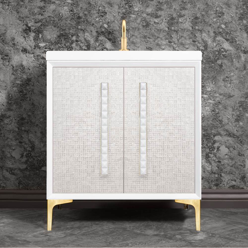 Linkasink MOTHER OF PEARL with 18'' Artisan Glass Pyramid Hardware 30'' Wide Vanity, White, Satin Brass Hardware, 30'' x 22'' x 33.5'' (without vanity top)