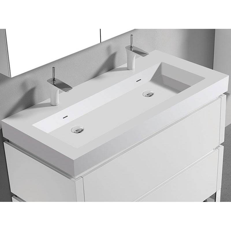 Madeli 22''D-Trough 48''W Solid Surface , Sink. Glossy White. 2-Bowls, Single Faucet Hole. W/Overflow, Basin Depth: 5-3/4'', 47-7/8'' X 22-1/8'' X 4-1/2''
