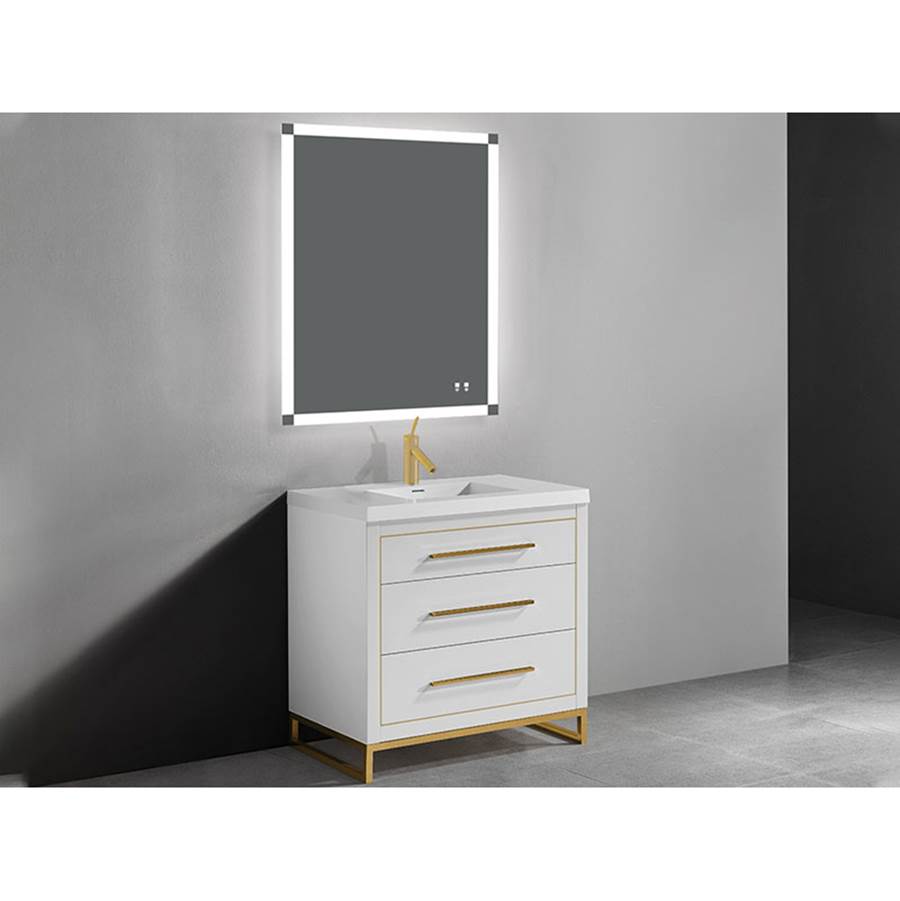 Madeli Estate 30''. White, Free Standing Cabinet, Brushed Nickel, Handles(X3)/L-Legs(X4)/Inlay, 29-5/8''X 22''X33-1/2''