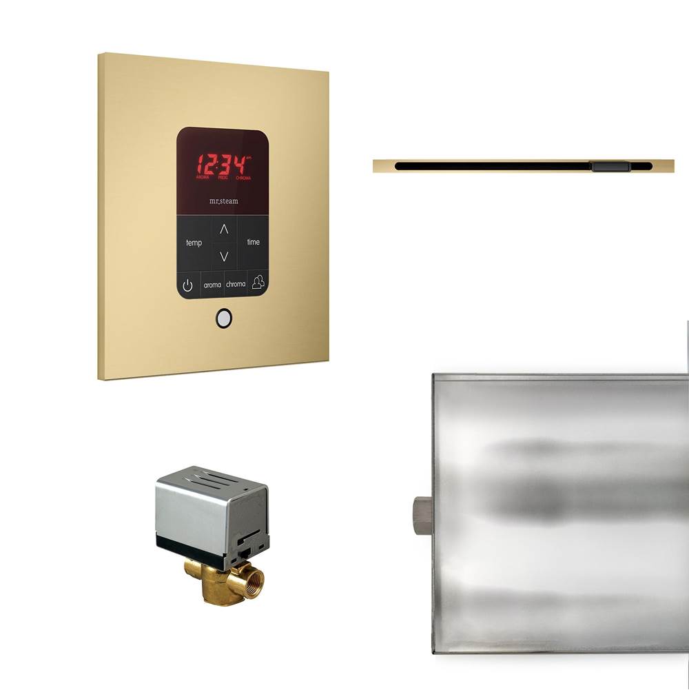 Mr. Steam Basic Butler Linear Steam Shower Control Package with iTempo Control and Linear SteamHead in Square Satin Brass