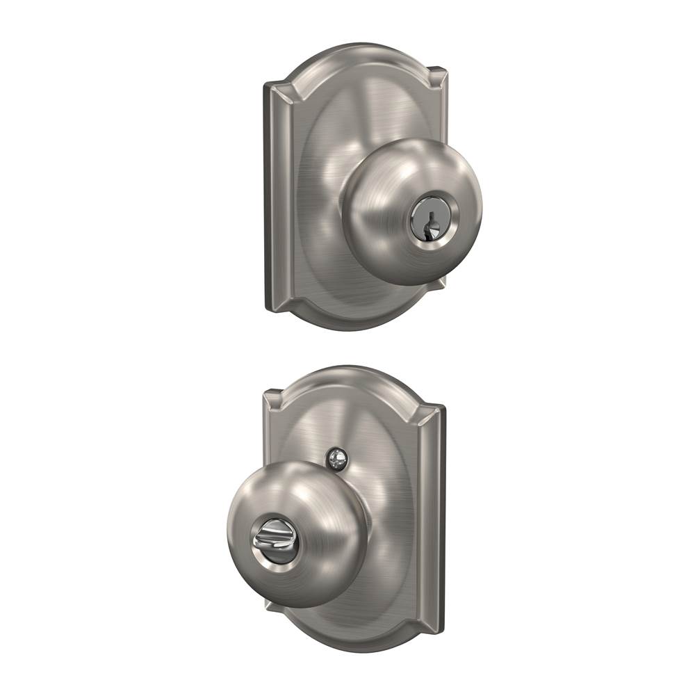 Schlage Plymouth Knob with Camelot Trim Keyed Entry Lock in Satin Nickel