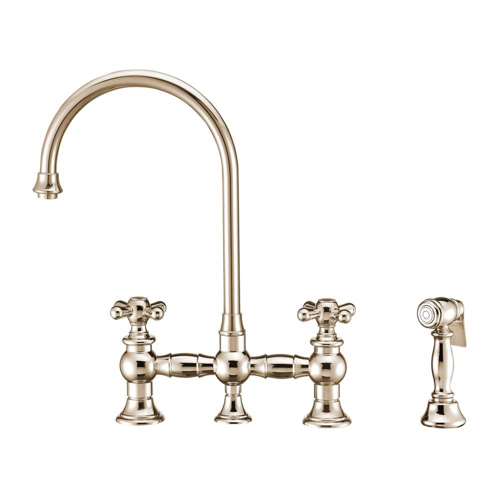 Whitehaus Collection Vintage III Plus Bridge Faucet with Long Gooseneck Swivel Spout, Cross Handles and Solid Brass Side Spray
