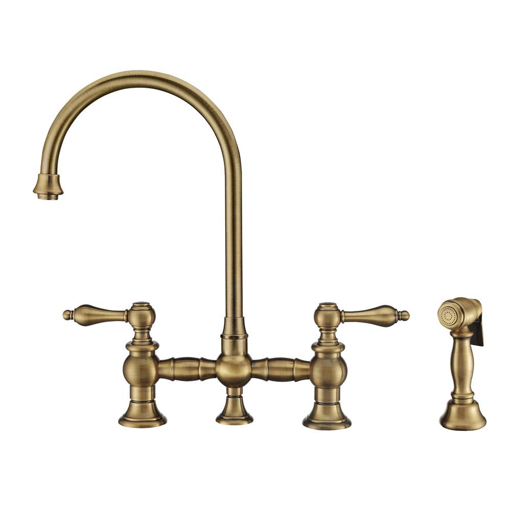 Whitehaus Collection Vintage III Plus Bridge Faucet with Long Gooseneck Swivel Spout, Lever Handles and Solid Brass Side Spray