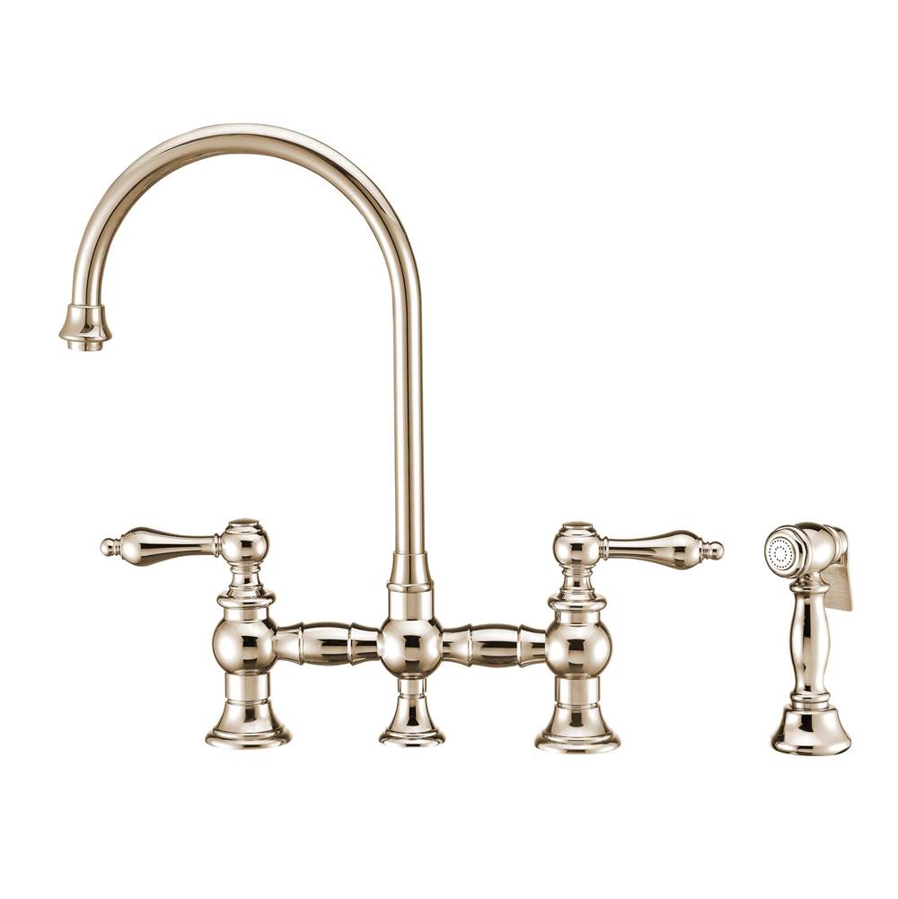Whitehaus Collection Vintage III Plus Bridge Faucet with Long Gooseneck Swivel Spout, Lever Handles and Solid Brass Side Spray